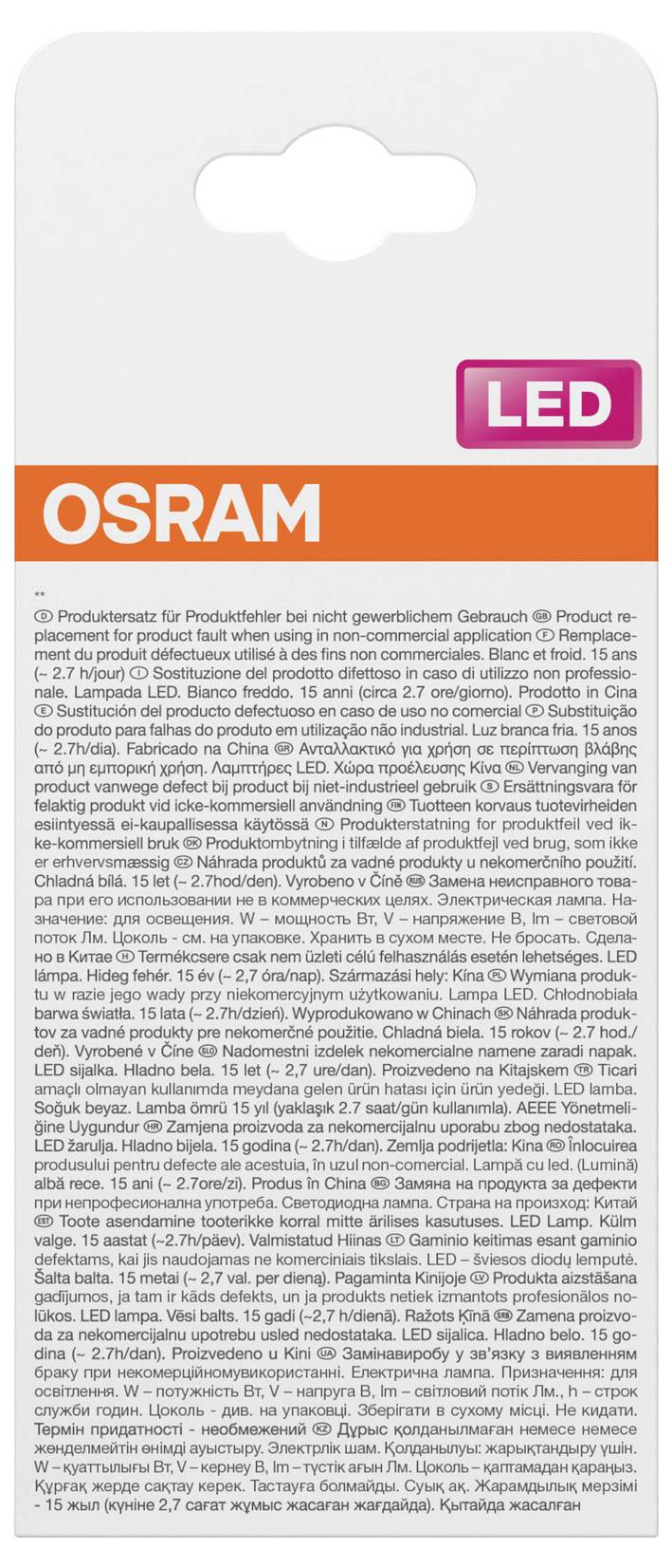 Verpackungskonturenzeichnung für OSRAM LED-Glühbirnen mit Darstellung von Schachtelpanels, Produktbildern, Spezifikationen und Layout des Energielabels.