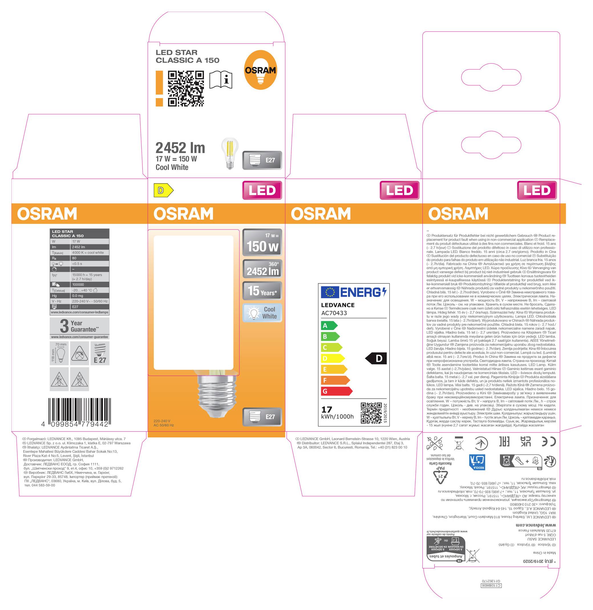 OSRAM LED-Glühbirnenetikett mit Verpackungsdiagramm, das Schachtelpanels, Produktfoto, Wattage- und Lichtstrombezeichnungen, Energieeffizienzklasse, Strichcode und Bedienungsanleitung zeigt.