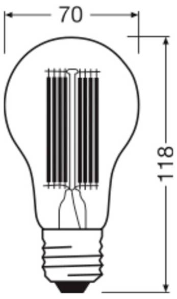 Technische Zeichnung einer Glühbirne mit Details des inneren Glühfadens und beschrifteten Abmessungen von 70 mm Breite und 118 mm Höhe.