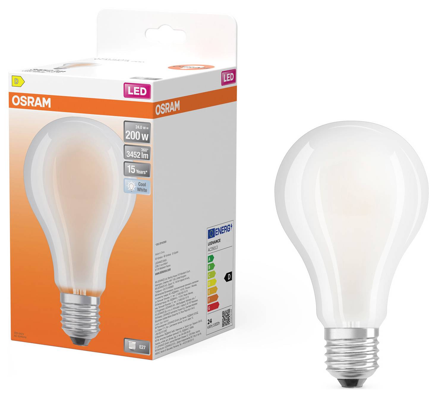 OSRAM LED-Glühbirne neben der Verpackung gezeigt, mit Verpackung, die 200-W-Äquivalent, 3452 lm und warmweißes Licht anzeigt.
