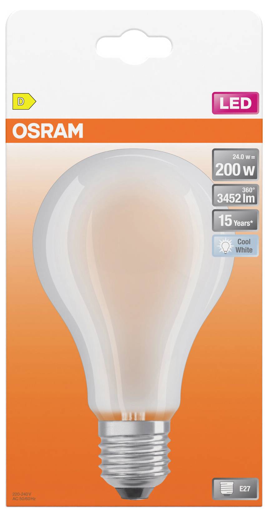 OSRAM LED-Glühbirne Verpackung mit einer mattierten E27-Fassung, 24,0 W, 200 W Entsprechung, 3452 lm, 15 Jahre, kaltwei.
