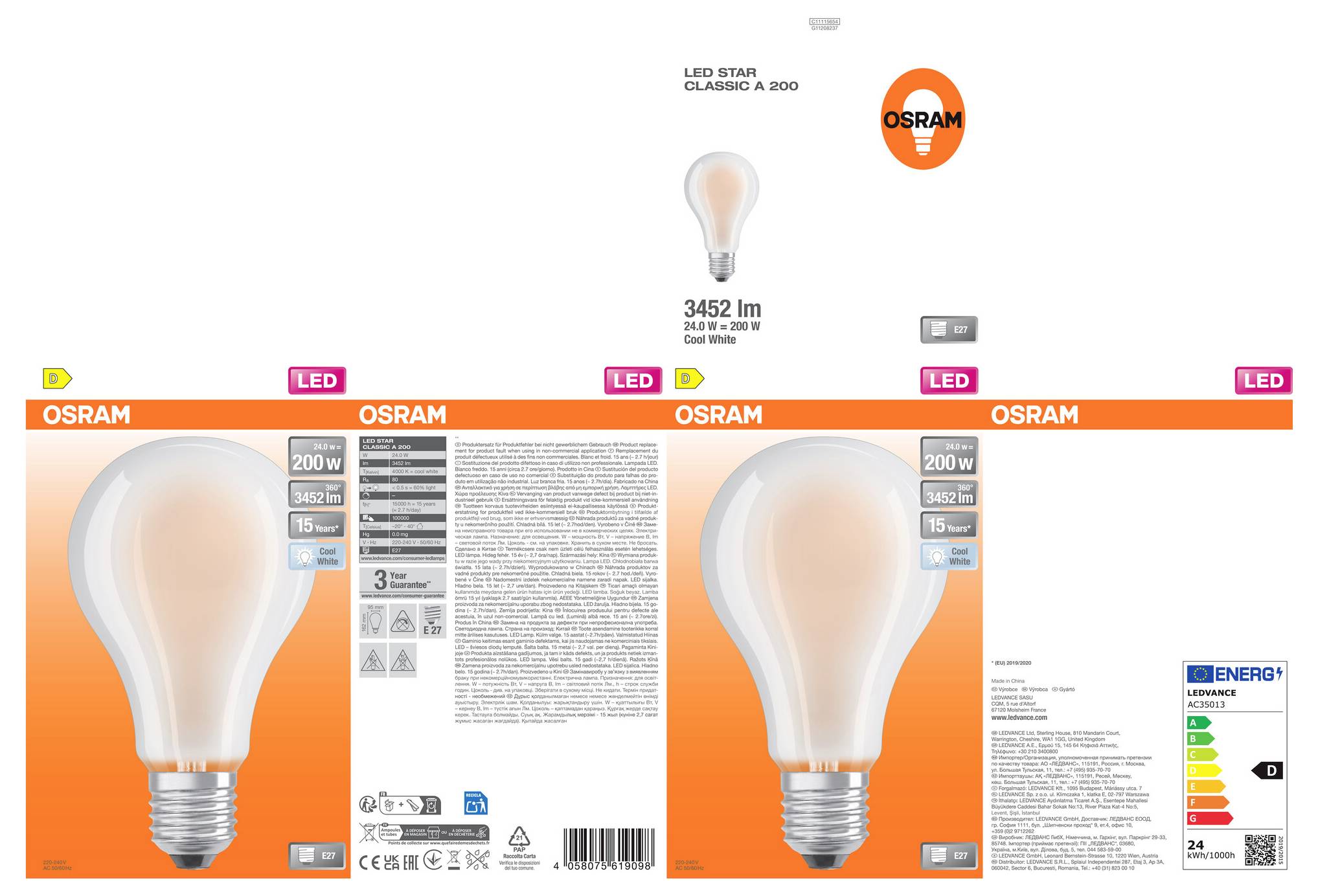 OSRAM LED Star Classic A 100 Glühbirne in orangefarbener und weißer Verpackung, die eine 200-W-äquivalente LED-Lampe mit 3452 lm und Details zum Energielabel zeigt.