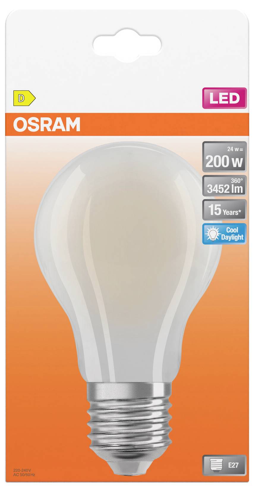 OSRAM LED-Glühbirne Verpackung mit einer 24-W-Leuchte, 200-W-Äquivalent, 3452 lm, E27-Sockel, Kaltweiß-Tageslichtkugel mit Angabe einer Lebensdauer von 15 Jahren.