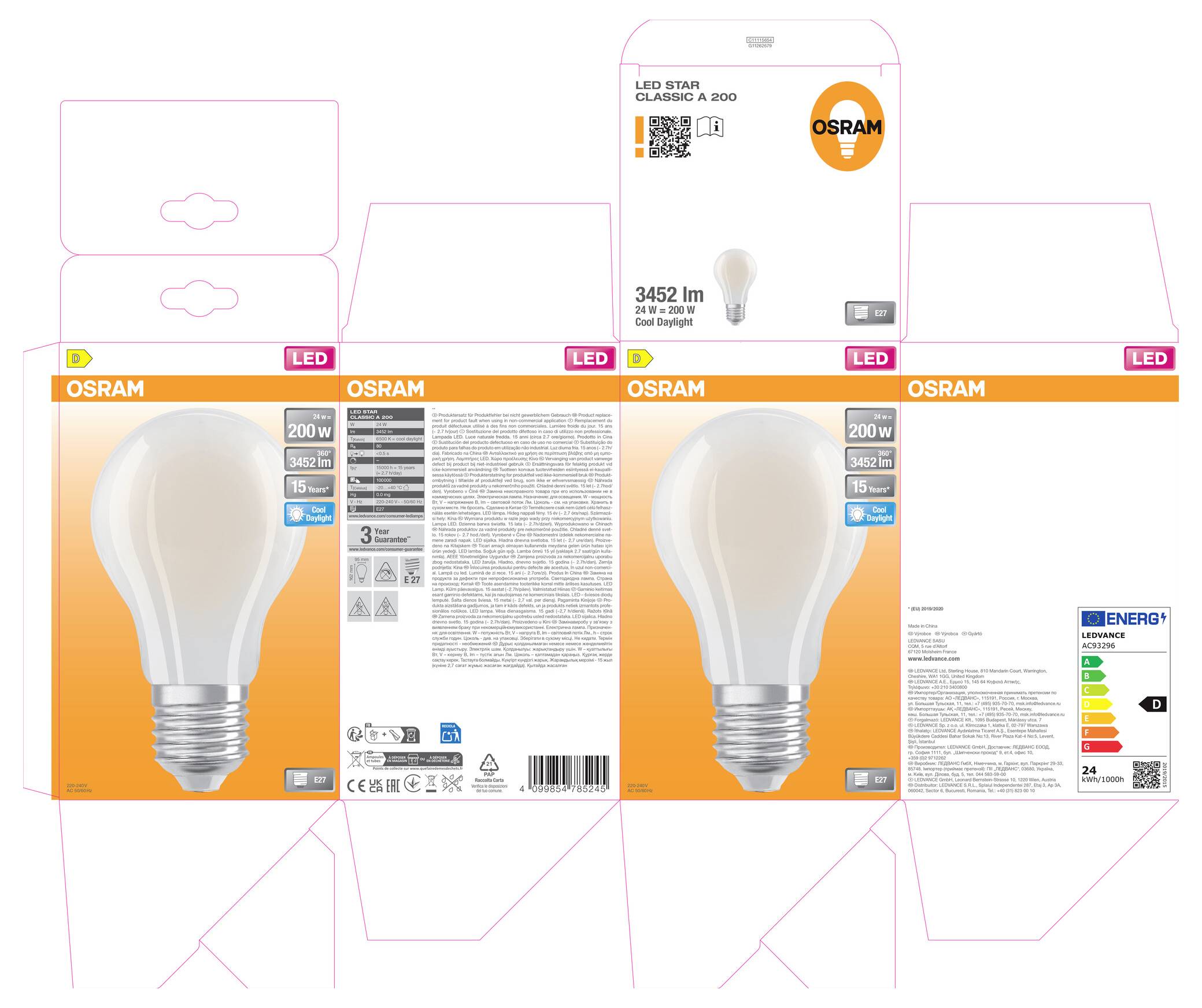 Verpackungsstanzform für eine OSRAM LED Classic A 200 Glühbirnenbox, mit Vorder-, Rück-, Ober-, Unter- und Seitenpanelen mit Produkt- und Energieetikettendetails.