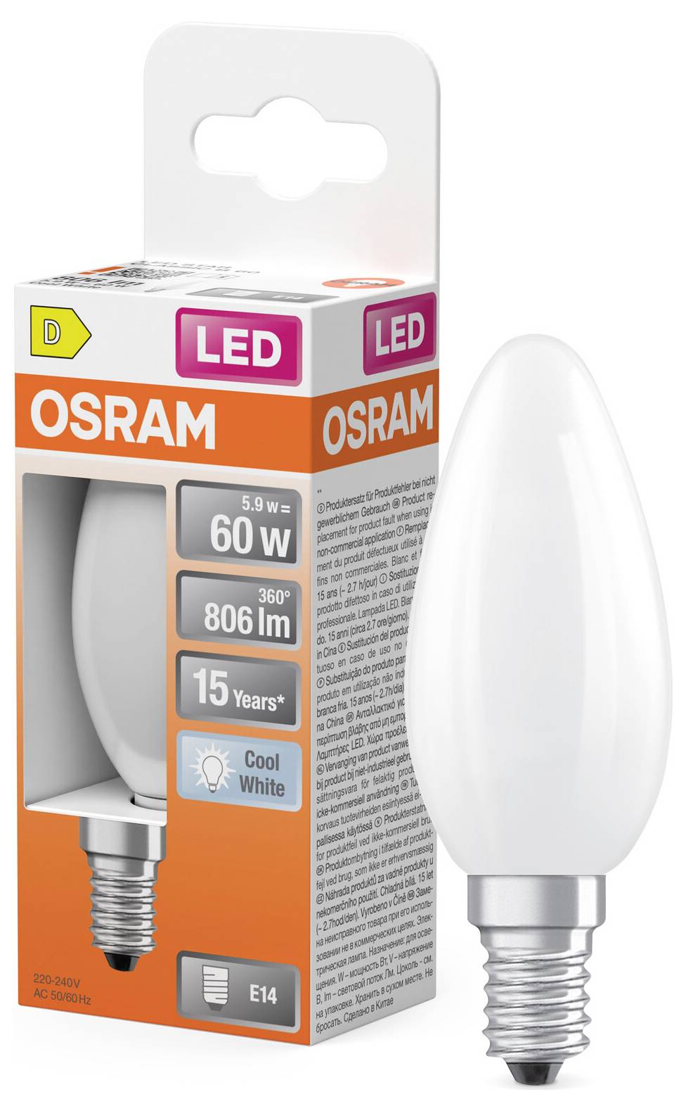 OSRAM LED-Kerzenlampe in Verpackung, gekennzeichnet mit 5,9 W, 60-W-Äquivalent, 806 lm, 15 Jahre, Kaltweiß, E14-Fassung.