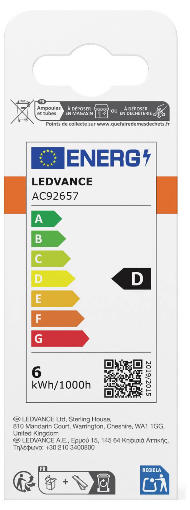 LED-Glühbirne mit Energieetikett, das die Energieklasse D anzeigt, jährlicher Verbrauch 6 kWh/1000h, QR-Code und 