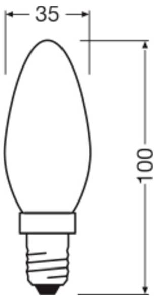 Technische Zeichnung einer Glühbirne, 100 mm hoch und 35 mm breit, zeigt die Gesamtgröße der Glühbirne.
