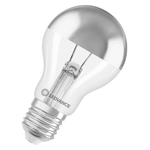 Eine klare Glühbirne mit LED-Licht, silberner Oberseite und metallischer Schraubfassung, isoliert auf weißem Hintergrund dargestellt.
