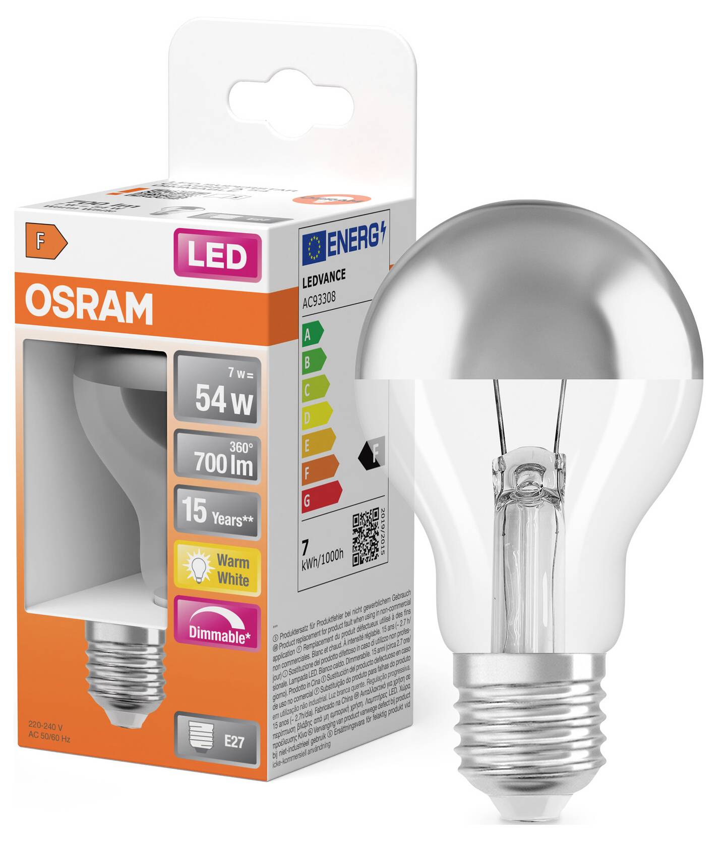 OSRAM LED-Glühbirne in Warmweiß mit Dimmfunktion in E27-Fassung, abgebildet neben der verpackten Ware.