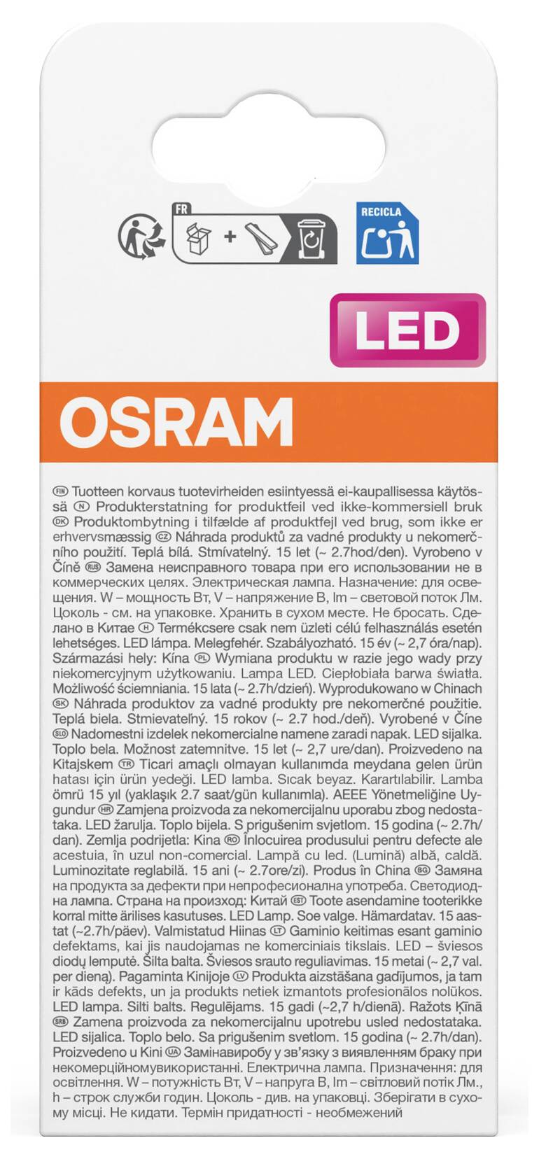 OSRAM LED-Glühbirnenverpackung in Weiß, Orange und Rosa, mit Recycling-Symbolen und finnischen Produktinformationstexten.