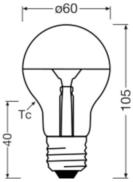 Technische Zeichnung einer Glühlampe mit Abmessungen: 60 mm Durchmesser, 105 mm Gesamthöhe und 40 mm unterer Abschnitt gekennzeichnet als Tc.