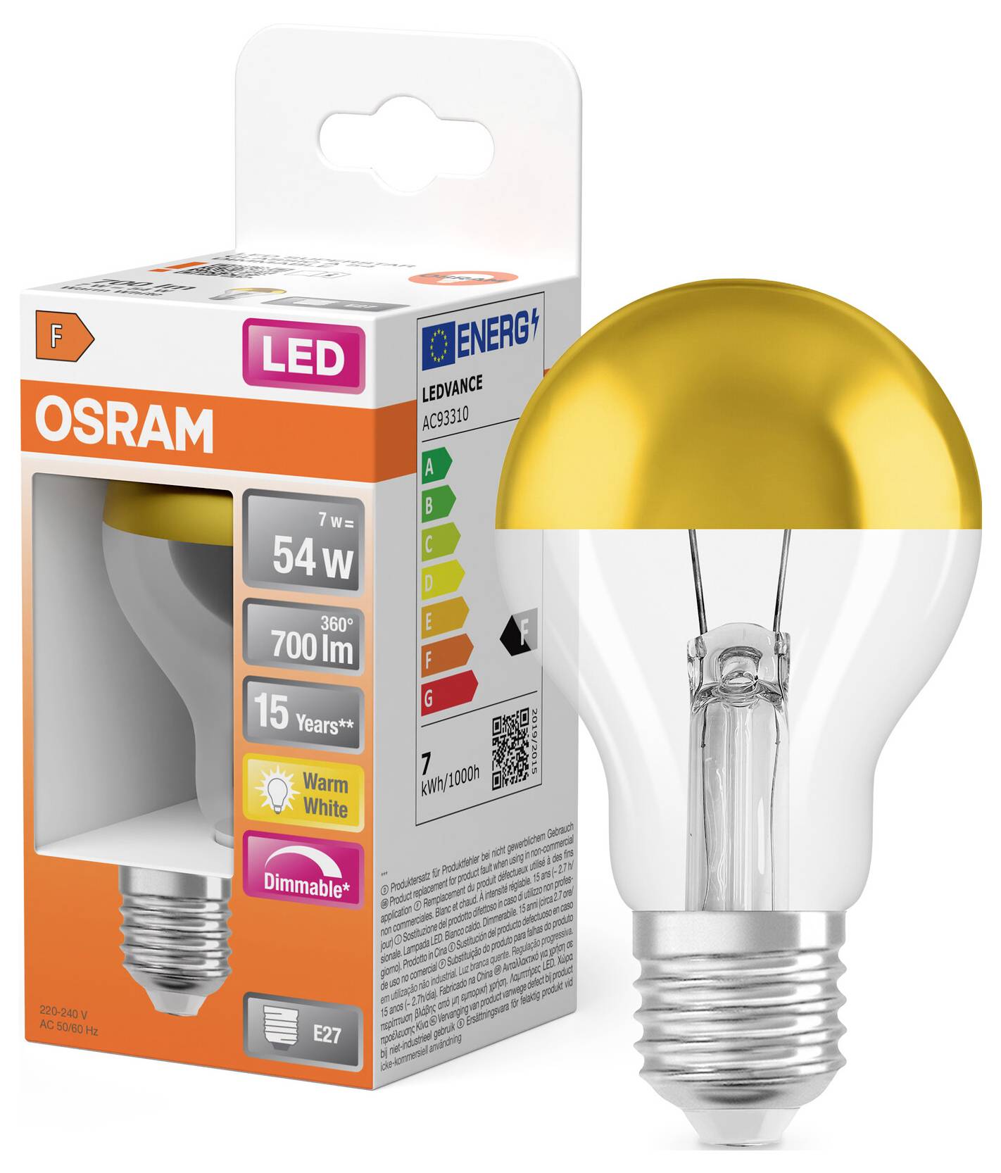 OSRAM LED-Glühbirne in Verpackung, bezeichnet als 7W, 54W Äquivalent, 700 lm, warmweiß, dimmbar, E27-Sockel.