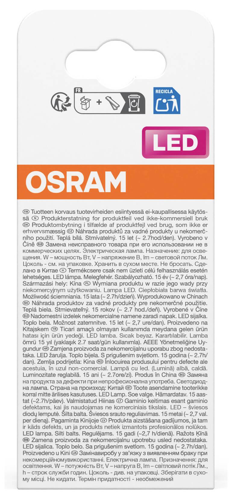 OSRAM LED-Glühbirnenpackung mit Recycling-Symbol, Blue-Efficiency-Icon und Produktsicherheitstext auf Englisch und Russisch.