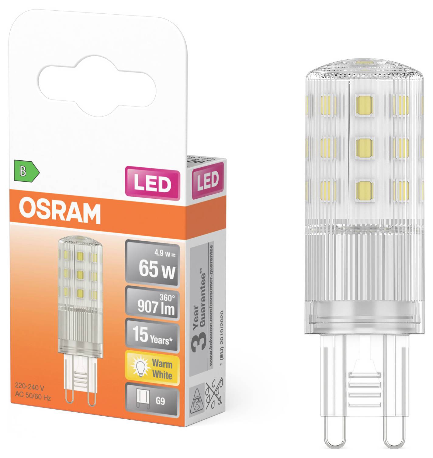 OSRAM LED G9 Glühbirne Verpackung und Glühbirne gezeigt, beschriftet 4,9 W, 65 W Äquivalent, 907 lm, Warmweiß, 360°, 15 Jahre.