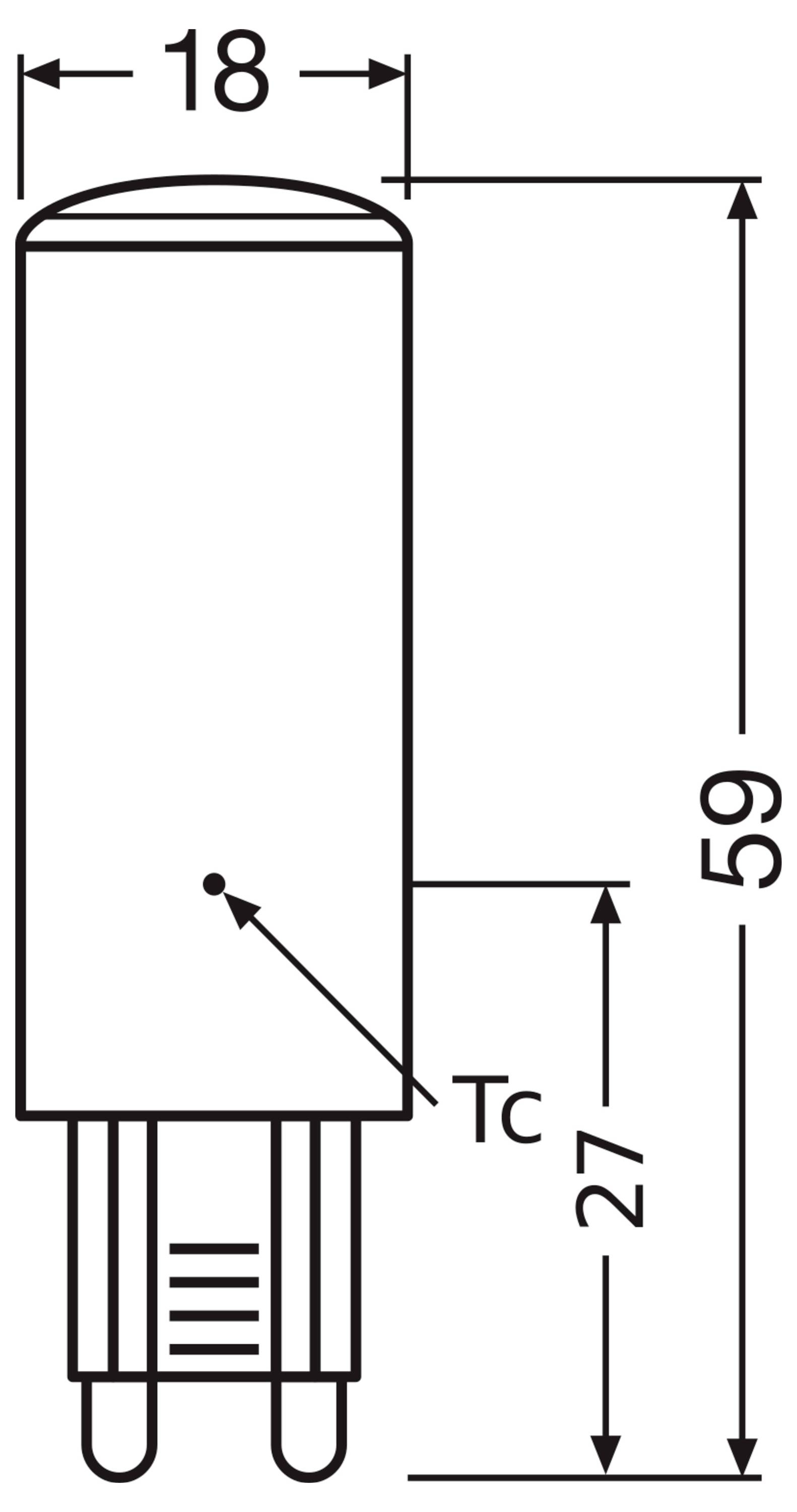 Technische Maßstabzeichnung einer zylindrischen Zweistift-Komponente, gekennzeichnet mit 18 mm Breite und 59 mm Höhe, mit Tc markiert 27 mm von der Basis.