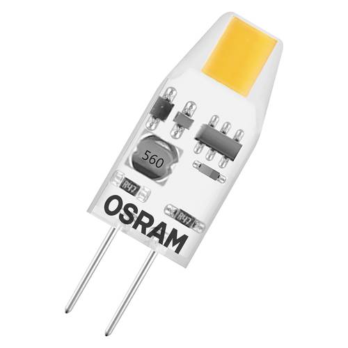OSRAM LED-Kapselleuchte mit zwei Stiften und bernsteinfarbiger Oberseite auf weißem Hintergrund.