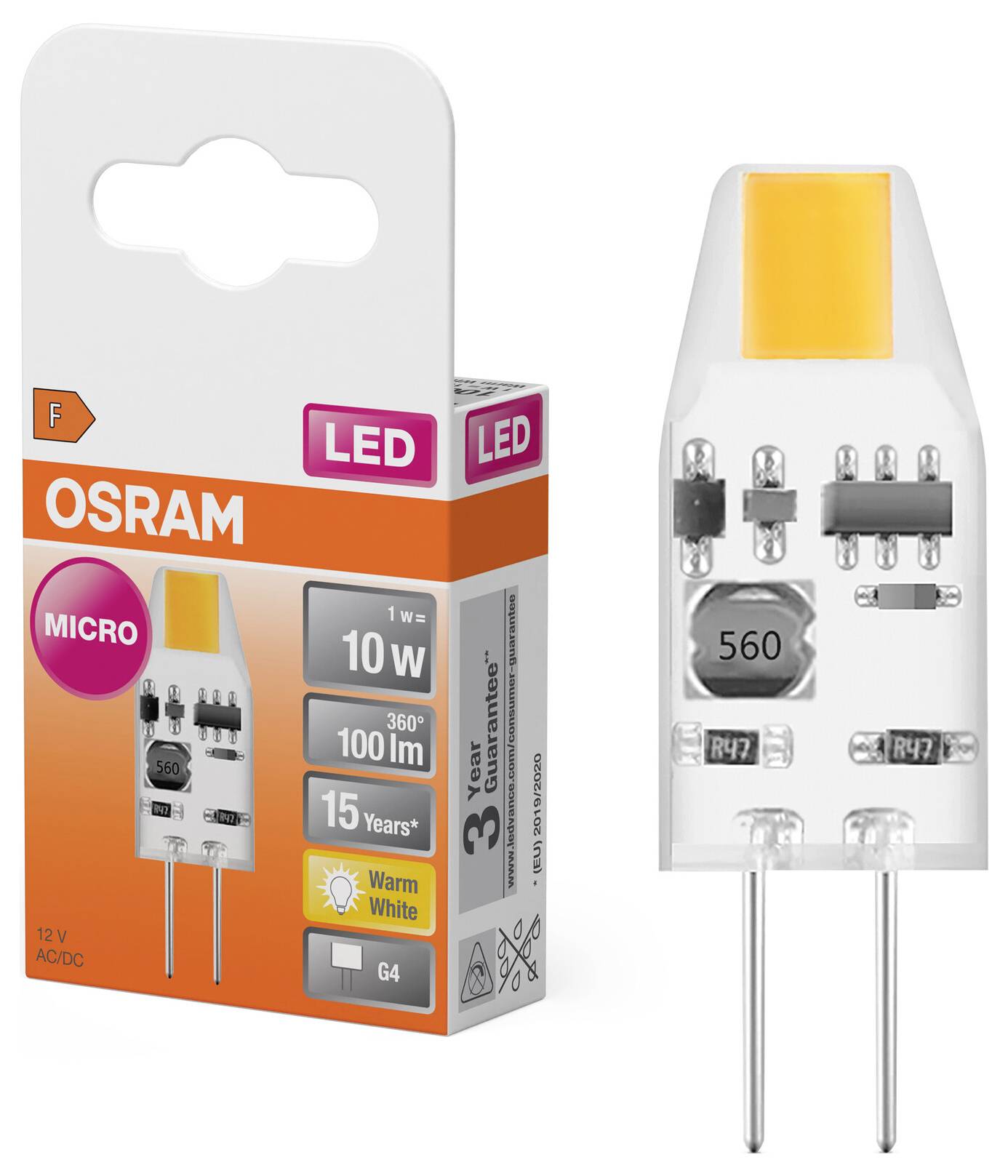 OSRAM G4 Micro-LED-Glühbirne und ihre Einzelhandelverpackung, gekennzeichnet mit 10W, 100 lm, warmweiß, 360° und 15 Jahre.