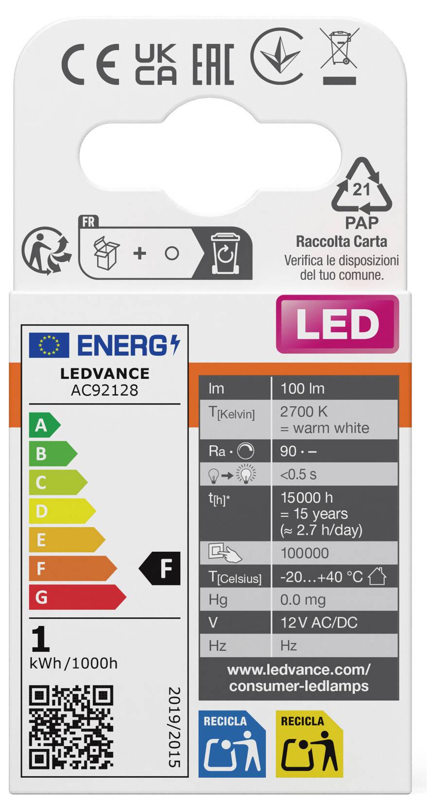 LEDVANCE AC2128 Glühbirnenpackungsaufkleber mit Energieklasse F, 1 kWh/1000h, 2700 K Warmweiß, 100 lm, 12V AC/DC und Recycling-Symbolen.