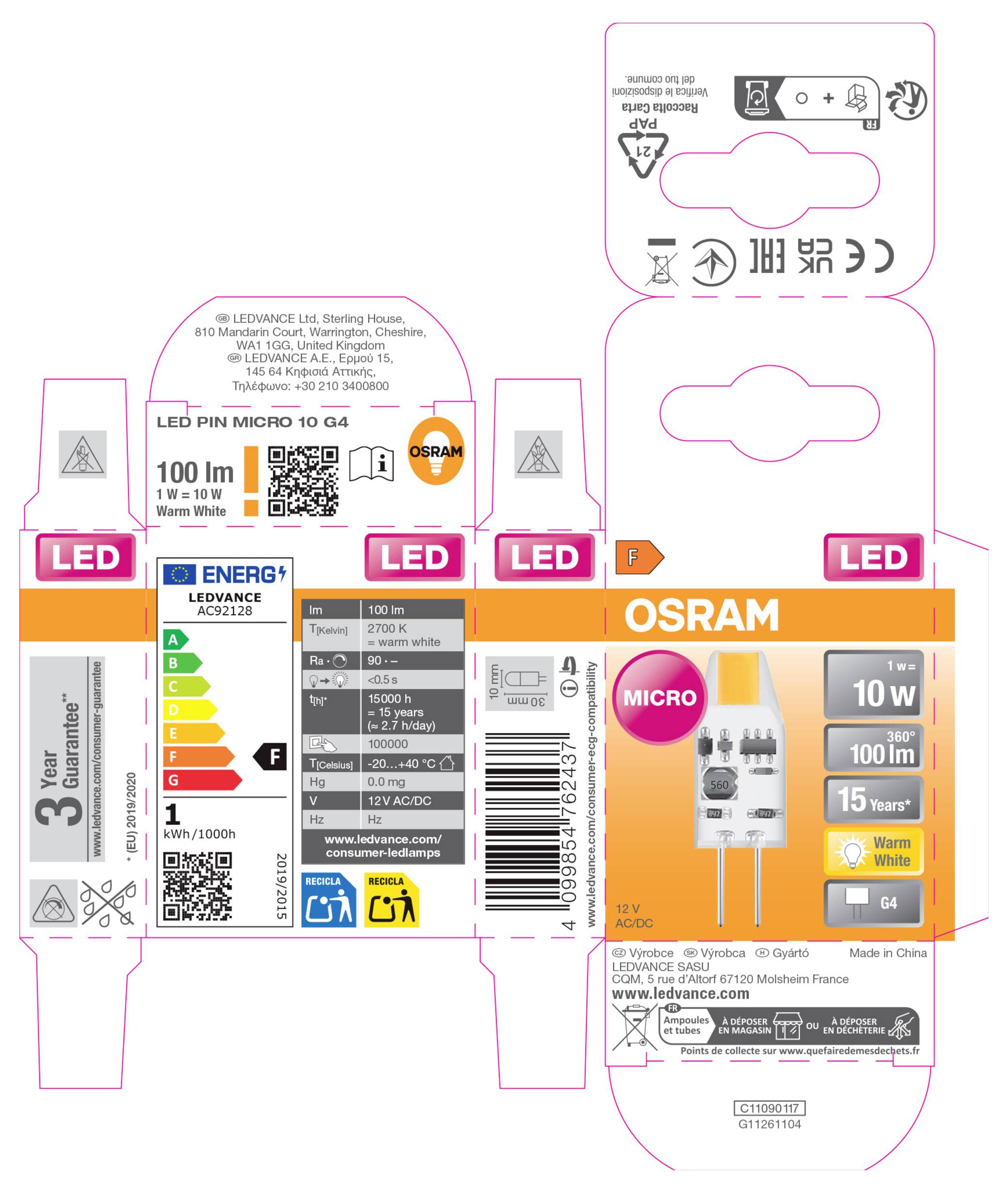 Verpackungs-Stanzlinie für OSRAM LED-Mikroglühbirne, zeigt ausklappbare Kartonpaneele mit Produktdetails: 10 W, 100 lm, warmweiß, G4-Fassung und Energieeffizienzlabels.