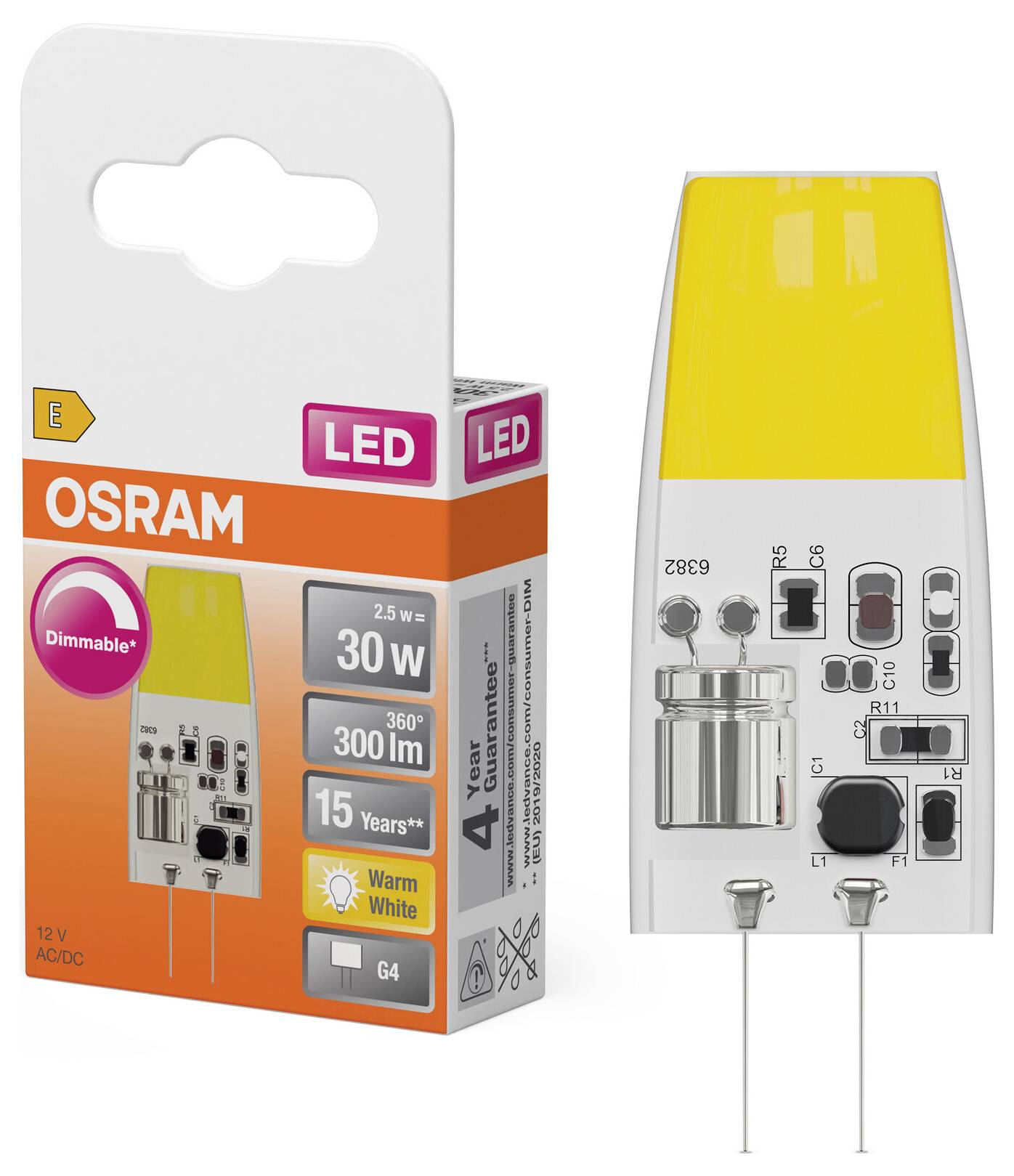 OSRAM dimmbare LED G4-Birne mit Verpackung und Birne nebeneinander dargestellt, gekennzeichnet mit 2,5 W, 30 W Äquivalent, 300 lm, Warmweiß, 12 V AC/DC.