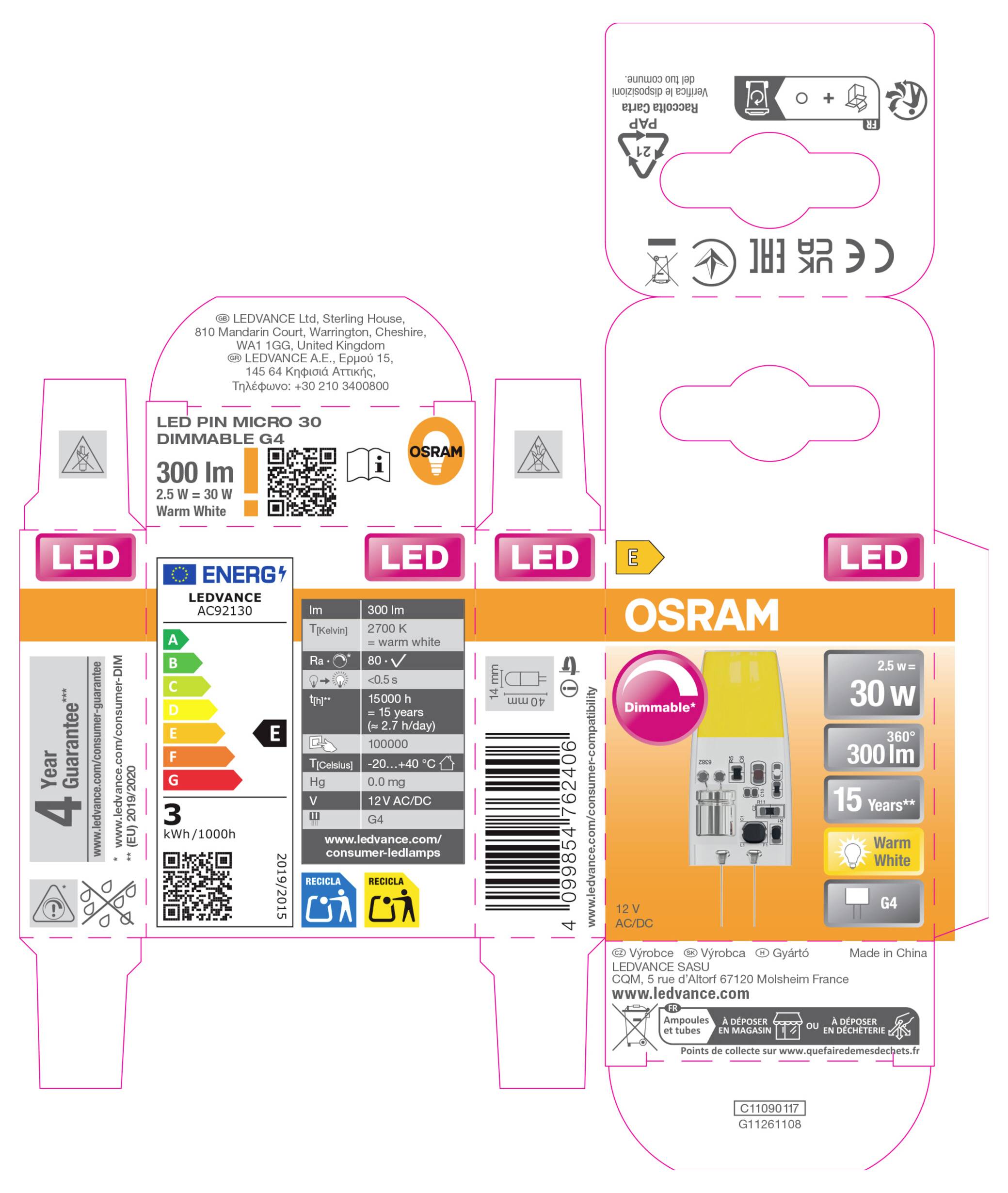 Verpackungslinienzeichnung für eine OSRAM LED Pin Micro G4 Glühbirnenbox mit ausklappbaren Panels, die Produktdetails, Energieetikett, Barcode und 300 lm Warmweiß-Spezifikationen zeigen.