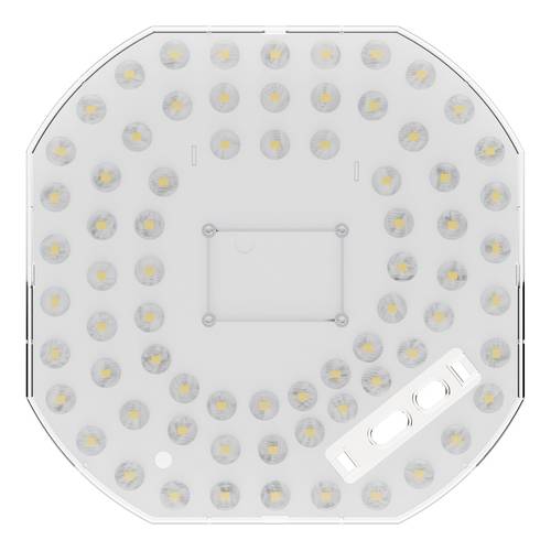 Draufsicht eines runden LED-Leuchtpanels mit vielen kleinen LEDs und einer zentralen Befestigungsplatte, sowie eines weißen Steuermoduls in der unteren rechten Ecke.