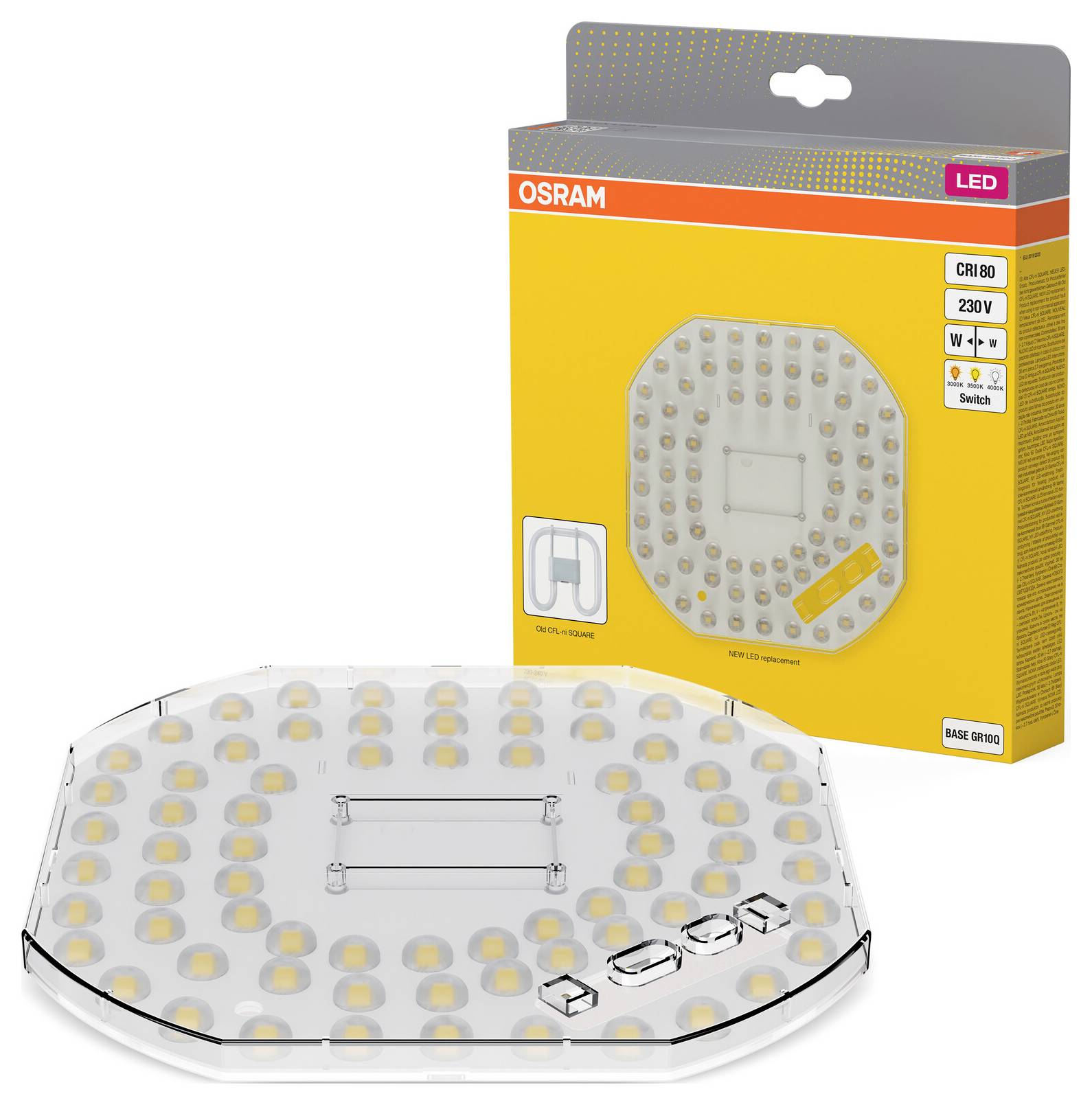 OSRAM LED-Deckenleuchte mit verpackter Box dargestellt, bestehend aus einer runden weißen Leuchte, die mit vielen kleinen LEDs bedeckt ist.