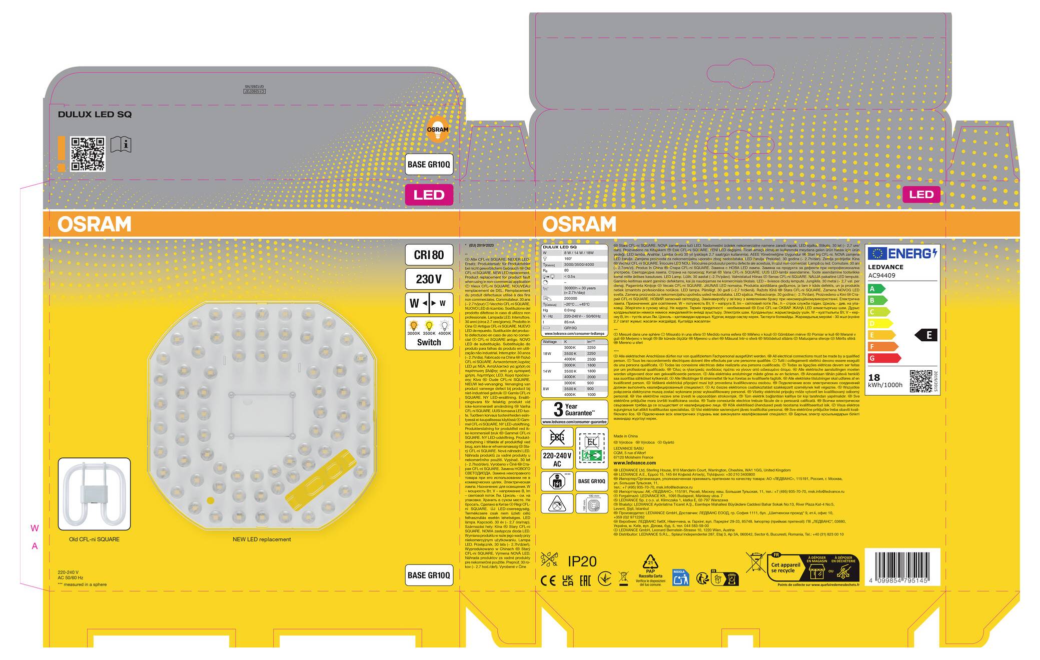Osram LED-Leuchten-Verpackung von vorne und hinten gezeigt, mit Produktbild, Spezifikationen, Energielabel und Barcode auf einer gelben Schachtel.