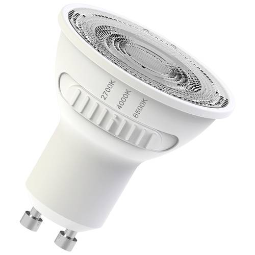 Weiße verstellbare LED-Spotlampe mit Drehregler mit den Bezeichnungen 2700K, 4000K und 6500K