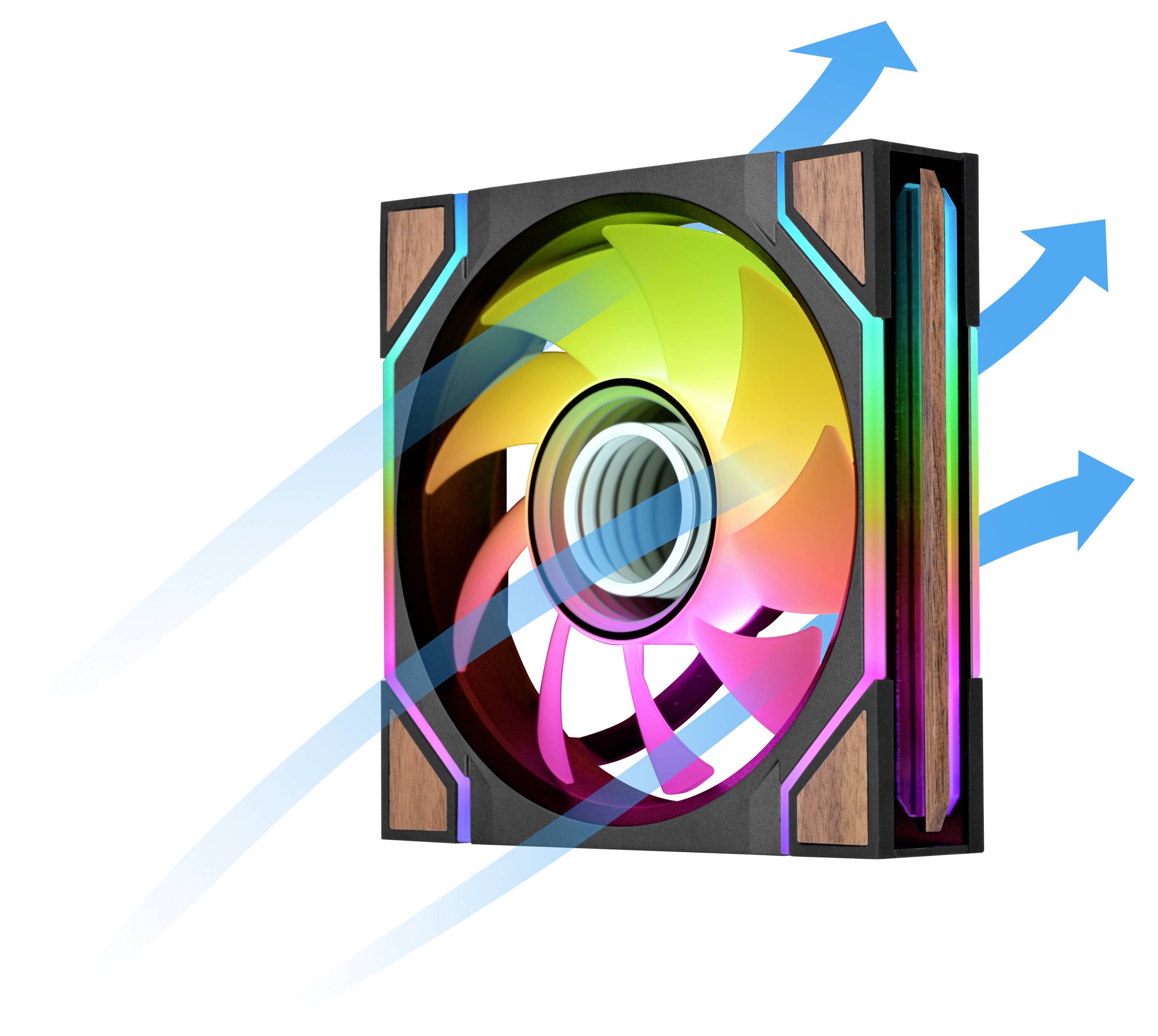 Illustration eines Computerlüfters mit Regenbogenblättern und blauen Luftstrompfeilen, die Luft zeigen, die herausgedrückt wird.