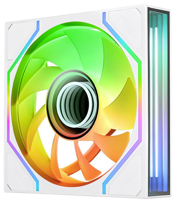 Weißer Computer-Kühlüfter mit grünem bis orangefarbenem RGB-Blattring und seitlichem Lichtstreifen, dargestellt in einem quadratischen weißen Gehäuse.