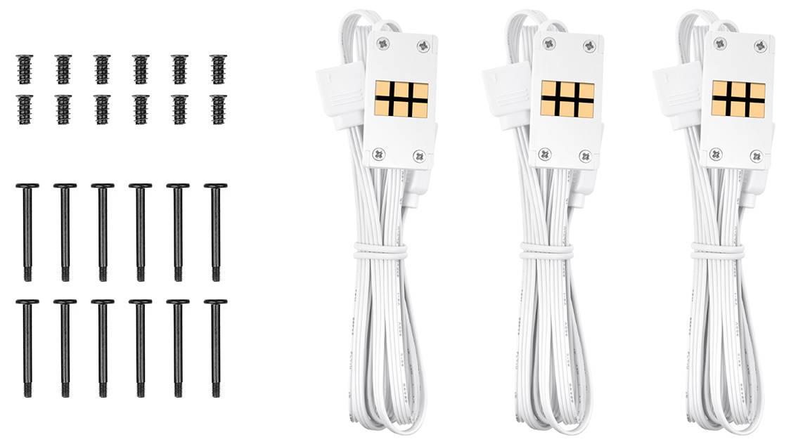 Drei weiße USB-Ladekabel mit angebrachten Magnetanschlüssen, jeweils mit Kabelbindern gebündelt, dargestellt mit Sätzen schwarzer Befestigungsschrauben auf der linken Seite.