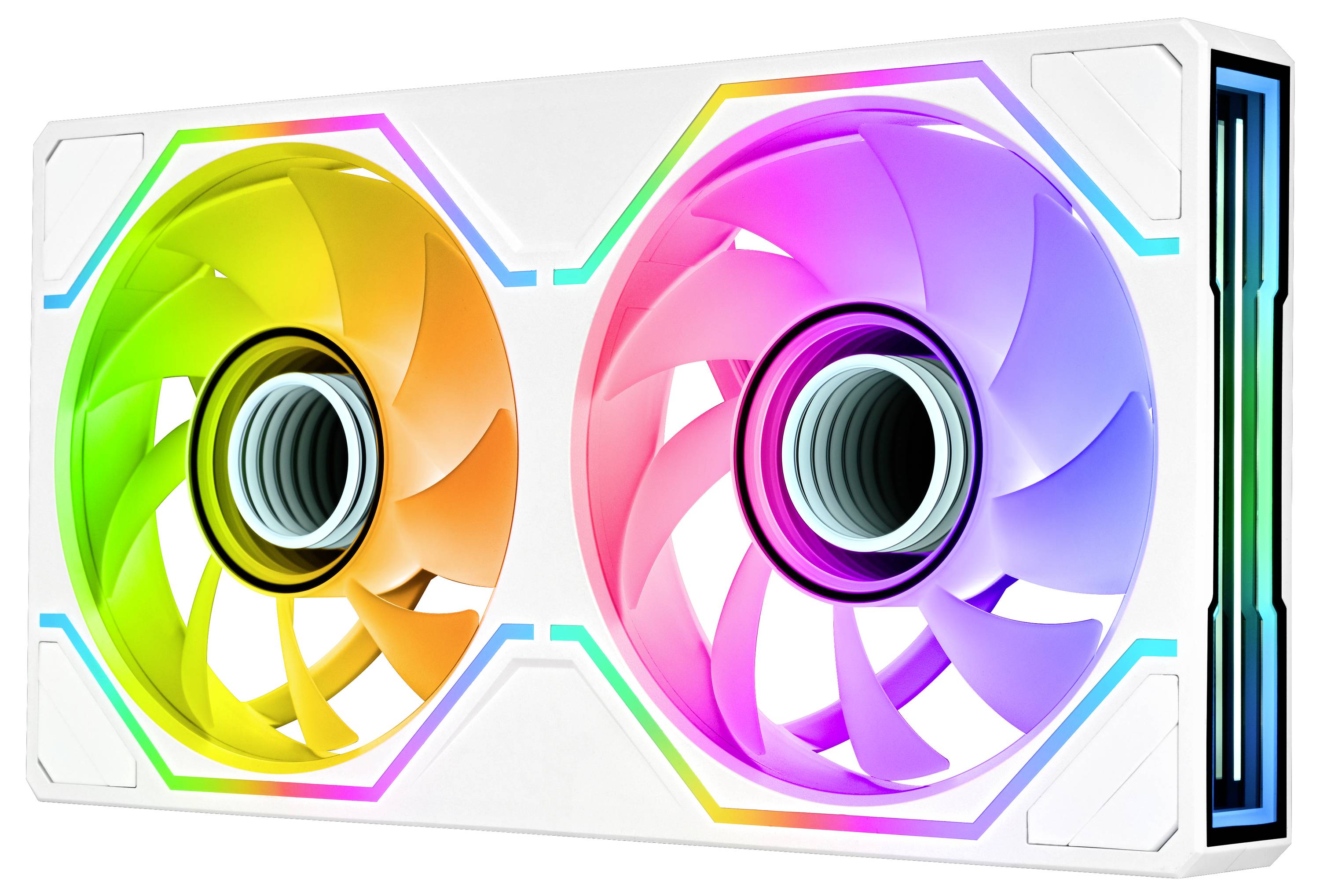 Dual RGB Computer-Kühlventilatoren in einem weißen rechteckigen Gehäuse, einer grün-gelb und einer rosa-lila, für einen PC-Kühler oder Radiator.