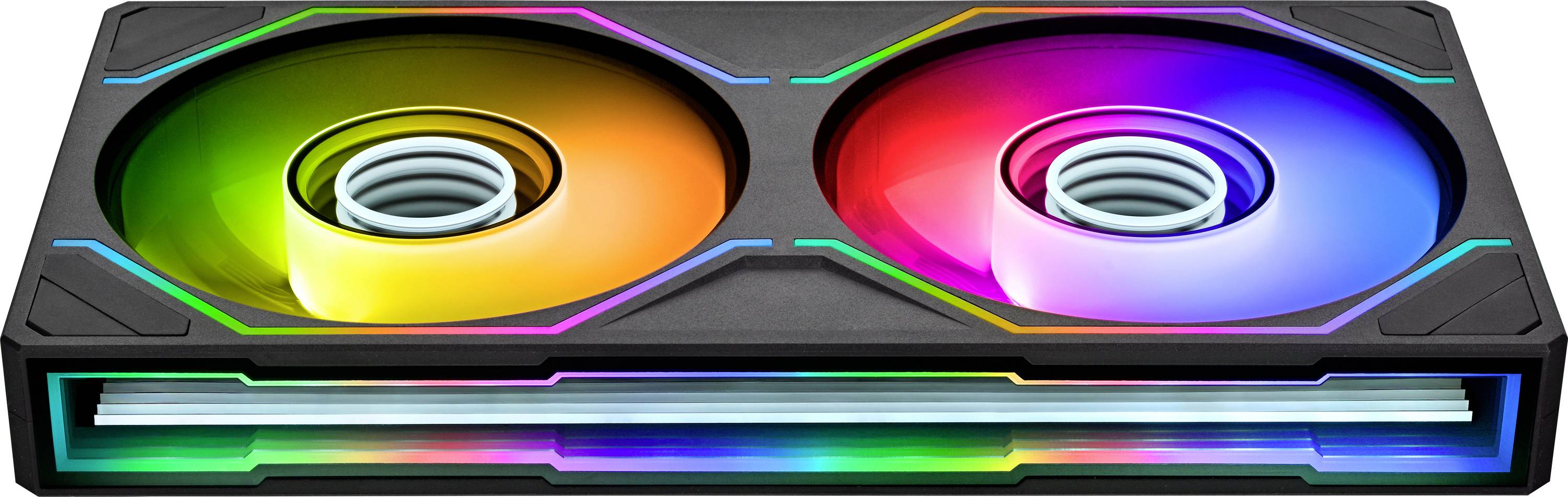 Duale RGB-PC-Kühlungsventilatoren mit Regenbogenleuchtung und einem vorderen Lichtstreifen auf einem schwarzen Gehäusepanel.