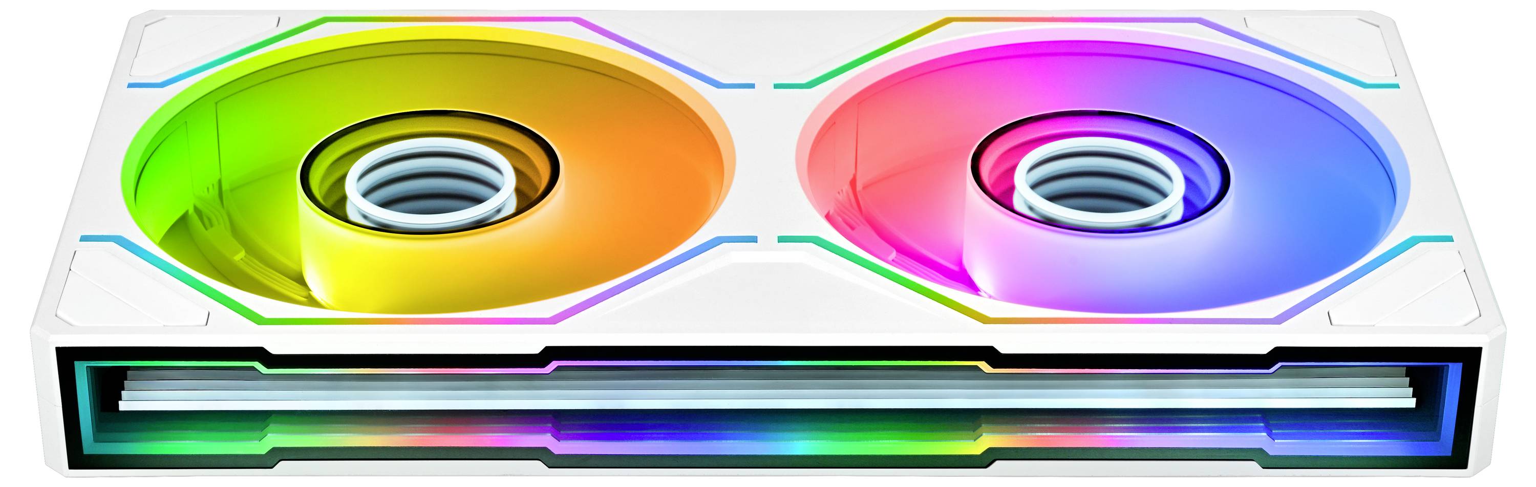 Stilisiertes Bild von zwei RGB-beleuchteten Kühlungslüftern in einem weißen Computergehäuse mit einer leuchtenden Regenbogen-Lichtleiste entlang der vorderen Kante.