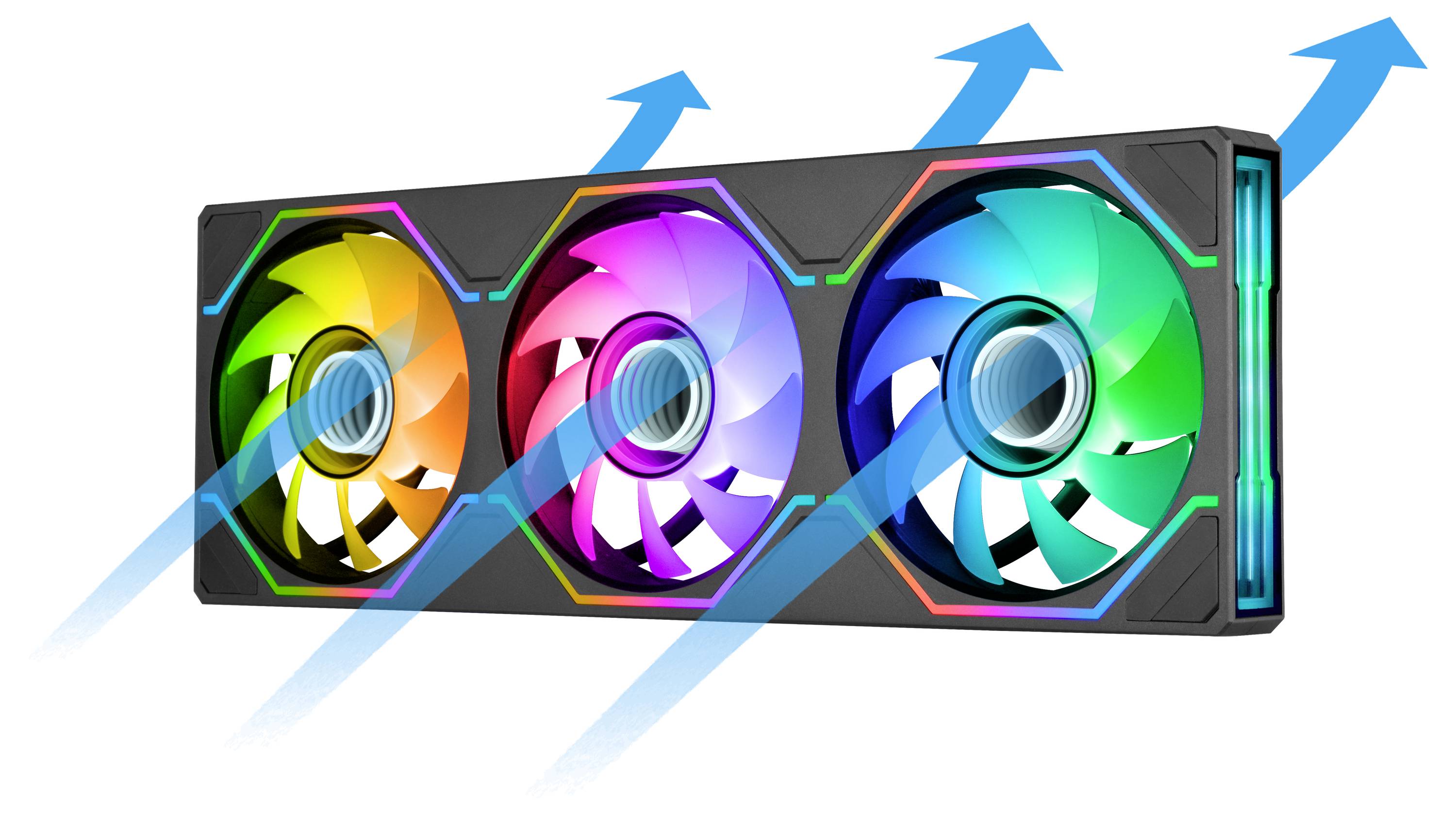 Drei RGB-Kühlventilatoren in einem rechteckigen Computerlüssigkeitskühler-Radiator, mit blauen Pfeilen, die die Luftströmung aus dem Gerät anzeigen.