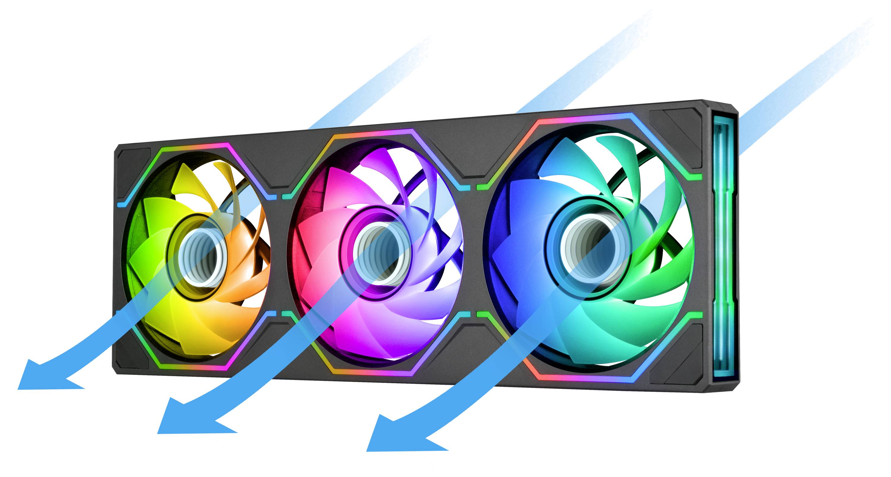 RGB-beleuchtete Grafikkarte mit drei Lüftern und drei Kühlventilatoren mit blauen Luftstromrichtungen, die zeigen, dass Wärme nach links abgeführt wird.
