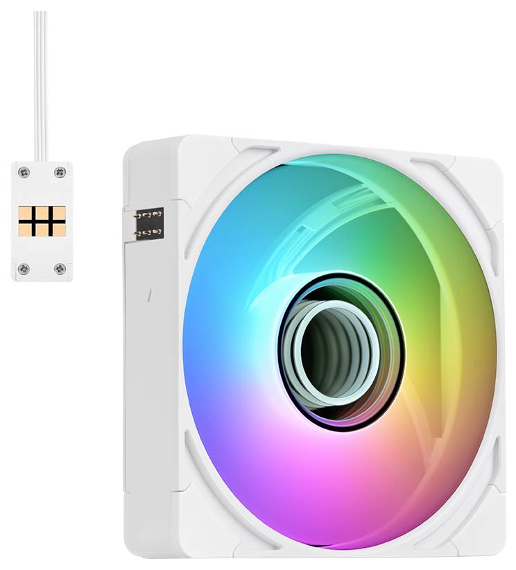 Weißer LED-Lüfter mit regenbogenfarbigem RGB-Ring auf einem weißen Gehäuse, gezeigt mit einem kleinen Steuerverbinder-Modul und Kabeln.