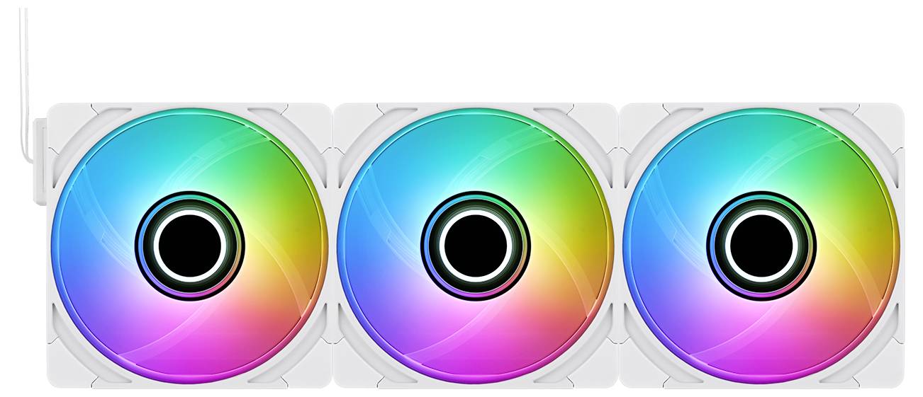 Offenes Desktop-PC-Gehäuse mit RGB-beleuchteten Gaming-Komponenten, einschließlich GeForce-RTX-Grafikkarte, Flüssigkeitskühlung und mehreren regenbogenfarbenen Lüftern.