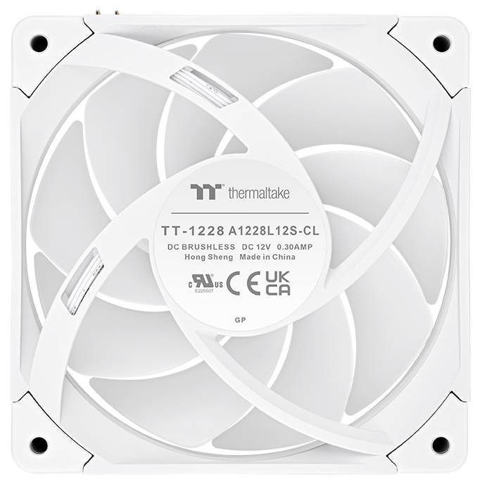 Weißer Thermaltake-Computerlüfter mit neun Blättern und Schraubenlöchern in den Ecken, Bezeichnung TT-1228 A1228L12S-CL, DC 12V 0,30A.