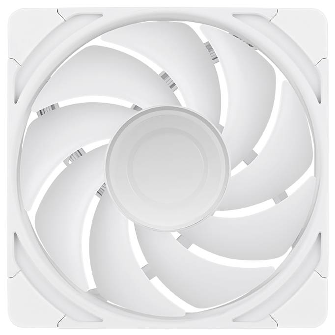 Weißer quadratischer Lüftungsventilator von vorne gesehen, mit gekrümmten Blättern um eine zentrale Nabe.