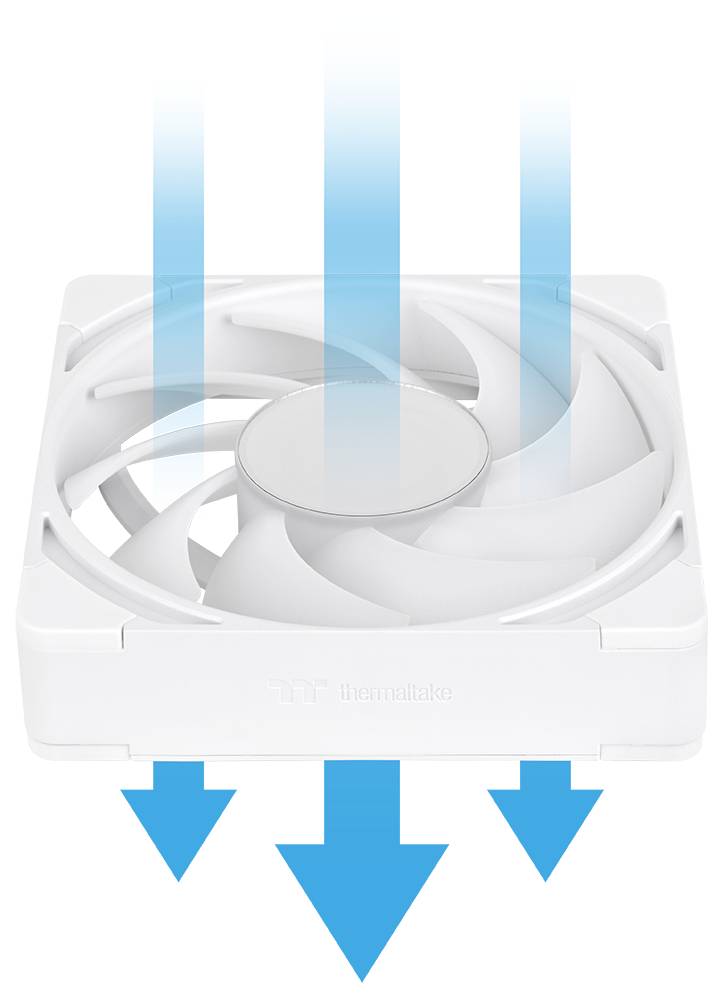 Ein weißer Kühlventilator mit drei blauen nach unten zeigenden Pfeilen und vertikalen blauen Luftstrombalken, die zeigen, dass Luft nach unten gedrückt wird.