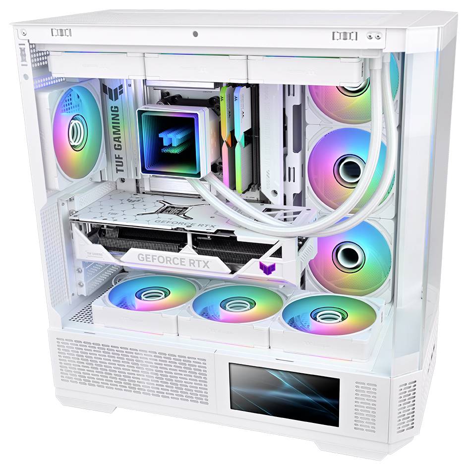 Weißer benutzerdefinierter Desktop-PC-Turm mit RGB-beleuchteten Lüftern, Flüssigkeitskühlungsschläuchen und sichtbarer 