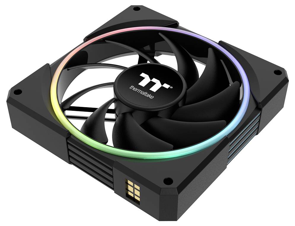 Schwarzer Thermaltake PC-Gehäuselüfter mit RGB-Ringbeleuchtung und neun Blättern, gezeigt auf weißem Hintergrund.