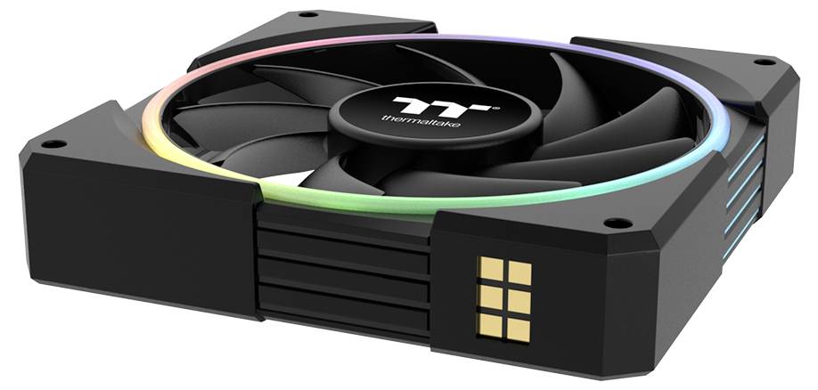 Ein kompakter schwarzer Thermaltake-Computerlüfter mit einem mehrfarbigen LED-Ring und seitlichen Lichtpaneelen auf weißem Hintergrund.