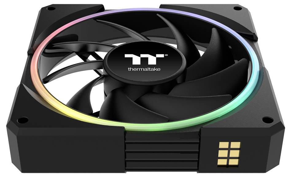 Schwarzer Thermaltake-Kühlerlüfter mit RGB-Lichtring, in Vorderansicht gezeigt, für Computergehäuse oder Komponentenkühlung.