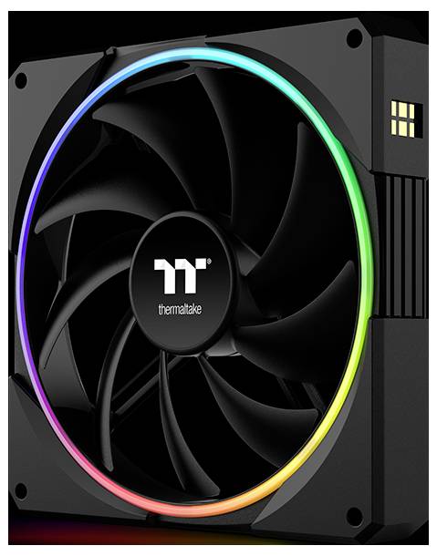Schwarzer Thermaltake PC-Kühlungslüfter mit regenbogenfarbigem RGB-Ringbeleuchtung auf einem quadratischen Gehäuse
