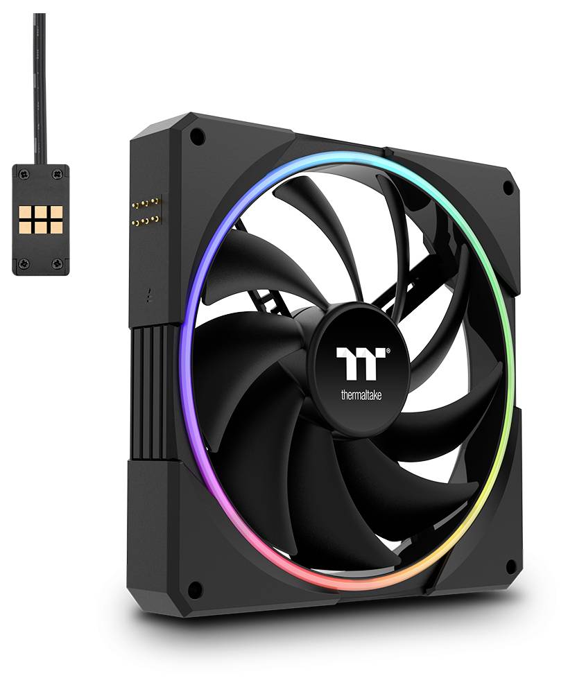 Schwarzer Thermaltake PC-Kühlventilator mit regenbogenfarbigem RGB-Ring, gezeigt mit einem kleinen angebrachten magnetischen Controllermodul und Kabel.