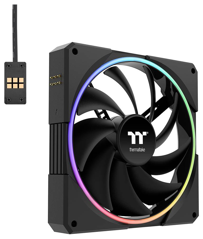 Schwarzer Thermaltake RGB-Computerlüfter mit farbigem Ringbeleuchtung und separatem Verbindungskabel daneben abgebildet.