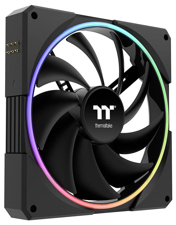Schwarzer Thermaltake PC-Kühlerlüfter mit Regenbogen-RGB-Ringbeleuchtung auf weißem Hintergrund.
